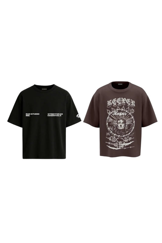 B&B Essential Black + BB Keeper Brown Oversized T-shirt Combo
